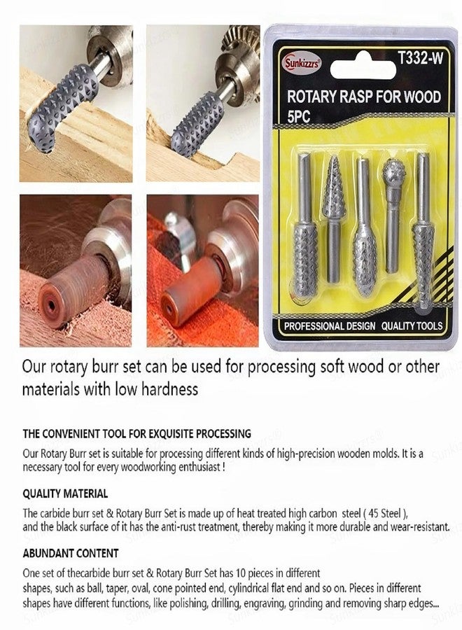 Sunkizzrs® 5-Pcs HSS Wood File Burr Drill Bit Set -Wood Working Rasps 6.35mm (1/4") Round Shank -High Speed Steel Rotary Files Rasps for Carving, Polishing, Shaping & Grooving - Image 5